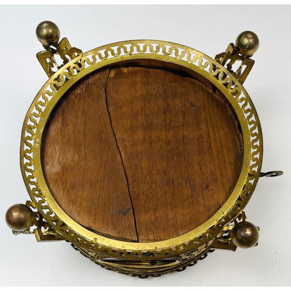 Antique 6.5" Pietra Dura Micromosaic Round Gilt-Bronze JEWELRY BOX w/ Velvet Key - Picture 8 of 12